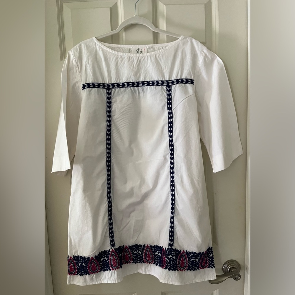 Anthropologie Pomegranate Embroidered Indian Flower Mini Dress -white/blue M